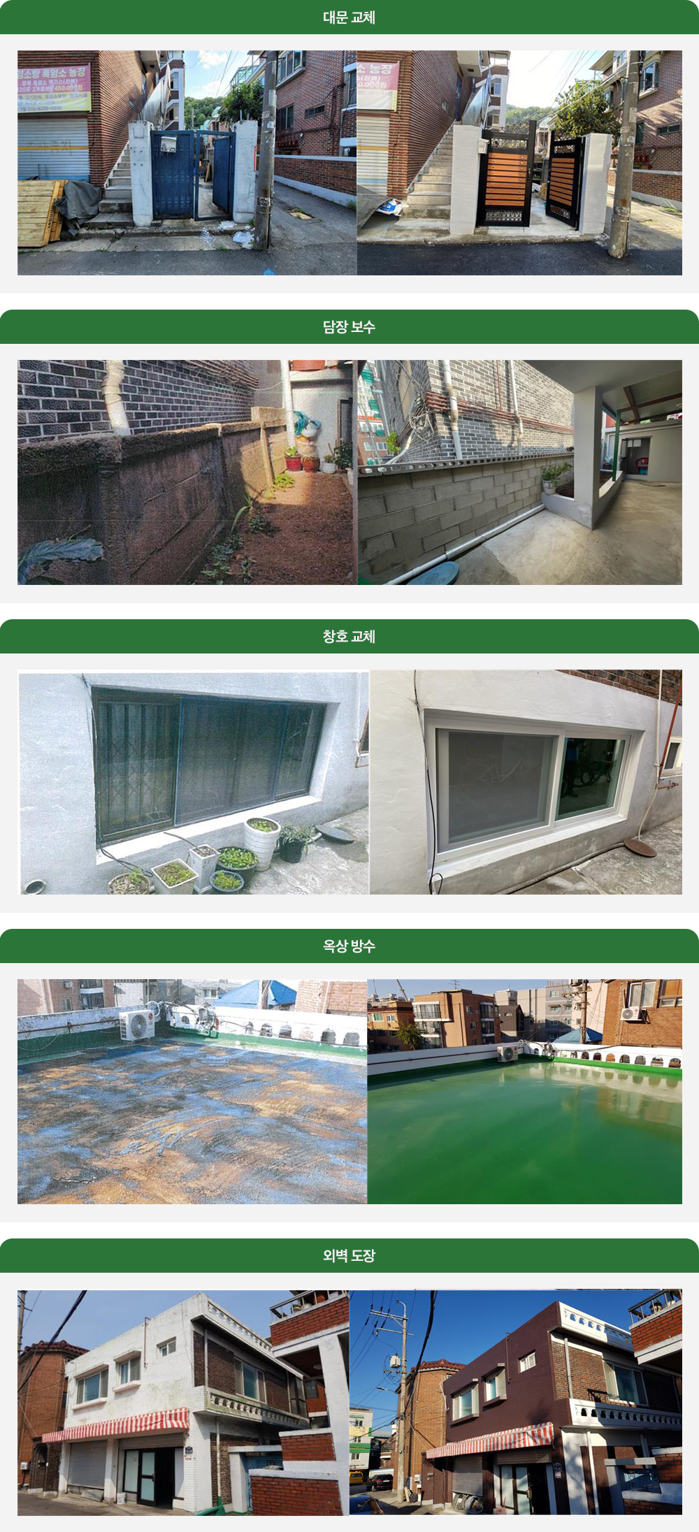 단독주택 집수리 지원사럽으로  대문교체, 담장보수, 창호교체,옥상방수, 외벽도장의 전,후 모습입니다. 