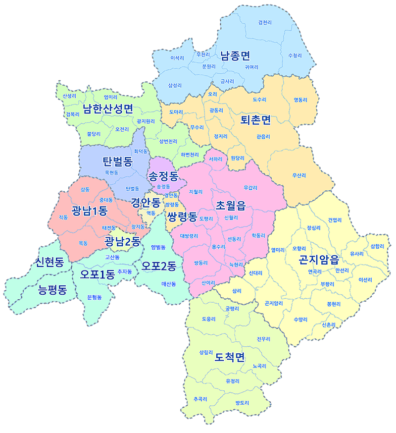 광주시 행정구역을 보여주는 지도입니다.